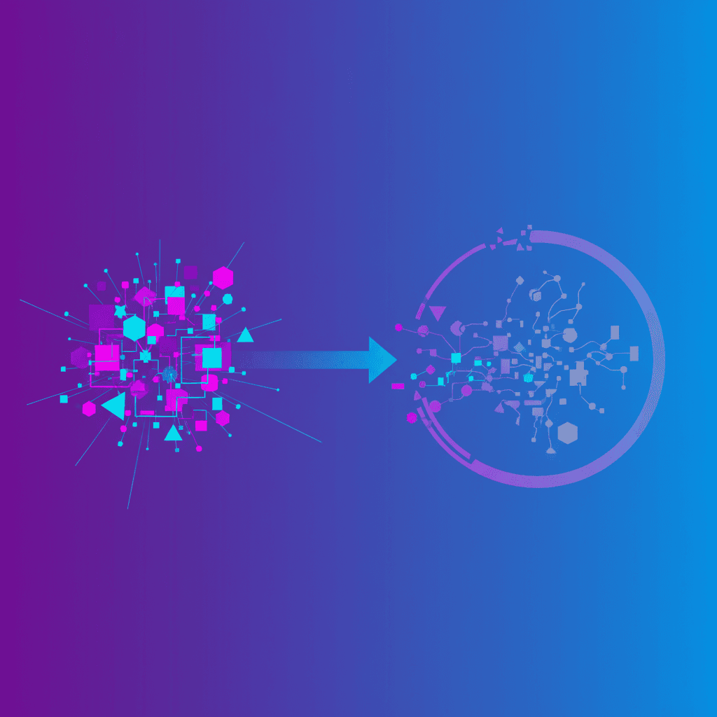Vibrant AI project components transform into fragmented pieces upon entering an adoption phase